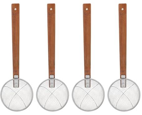 SHOWERORO 4 cucharas espumaderas para freír y cocinar - Cucharón colador de araña de acero inoxidable - Cucharón colador de alambre asiático con mango largo de madera para pasta de cocina de 15