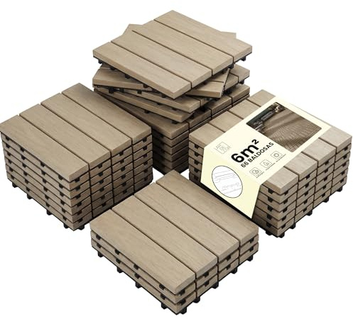 LARDECOR - Baldosas Encajables WPC 30x30 cm para Suelo, Pack 66 Piezas, 6 m², Losetas para Terraza, Balcón, Patio y Jardín, Diseño con Drenaje y Superficie Antideslizante (Madera Clara)