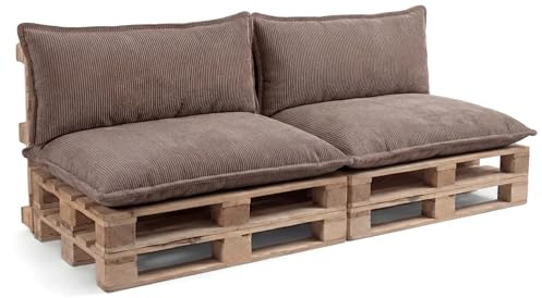 GuteKudde® Set med pallkuddar – sittdyna för europeiska pallar – pallkuddar, fylld med granulerat pouliettskum PLL (ljusbrun, set om 2 x (sittdyna 120 x 80 ryggstöd, 120 x 40))