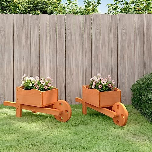 sephironlbb Fioriere design carriola, 2 pezzi, in legno di abete massiccio, 47 x 15 x 19 cm, con ruota in legno e maniglie, carrello da giardino con foro di drenaggio, per fiori, verdure, giardino