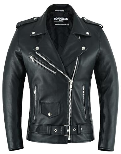 Bohmberg Chaqueta de cuero para mujeres - Cuero genuino - Chaqueta estilo retro motociclista - Chaqueta Highway - Brandostyle - Estilo Rockabilly - Negro - M