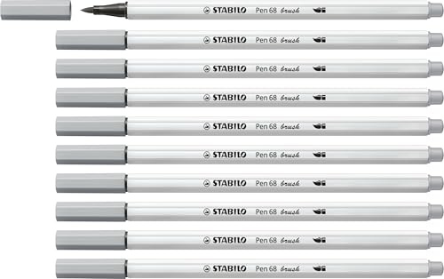STABILO - Premium-Filzstift mit Pinselspitze - Pen 68 brush | variable Strichstärken, 10er Pack, mittelgrau