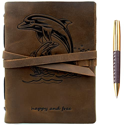Leder Notizbuch A5 Tagebuch Journal Geprägt Delphin Handgefertigte Reisetagebuch, Vintage Notebook Für Männer Frauen Antik Rustikal Echtes Leder 21X15Cm Geschenk Sketchbook Reisende Travelers Notebook