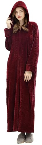 ZFSOCK Peignoir Femme Polaire à Capuche Hiver Robe de Chambre Fermeture à glissière Peignoir de Bain Longue Douce Microfibre Flanelle Robe de Nuit, Vin Rouge, L-XL