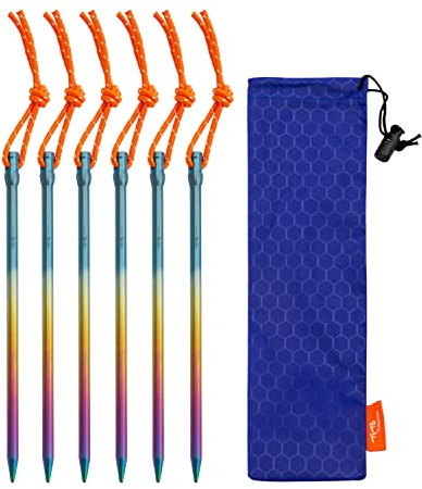 TiTo Titanium Zeltheringe Heringe Sandheringe,Ultralight Heavy Duty Titan Legierung Zelt Stakes Pegs mit Bändchen und Aufbewahrungsbeutel für Garten Nägel Camping Angeln Wanderunge(Bunte 6*165-6pcs)