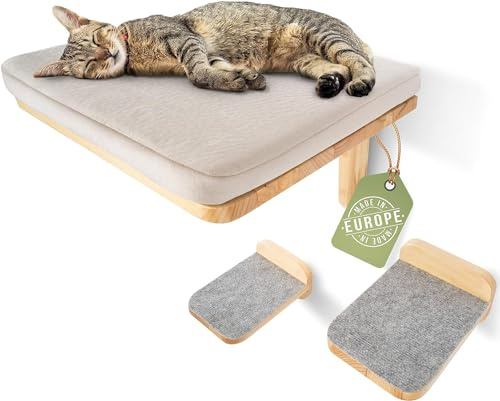WOOWOOD® Kletterwand Katzen inkl. 2X Katzentreppe Wand [aus Europa] I Kratzbaum Wand I katzenhängematte I Katzen Wand Klettern I Katzenwand I Wandkratzbaum I Katzenmöbel, Katzenliege-Naturholz