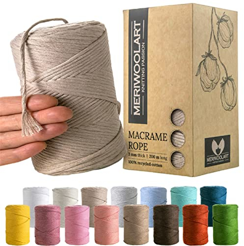 MeriWoolArt Macrame Cord 3mm Sand - Macrame Rope 200m - Super Soft, Single Twist Macrame String - Oeko-Tex 100% Recycled Cotton Macrame Cord Coloured- For DIY Macrame Crafts, Boho Home Décor