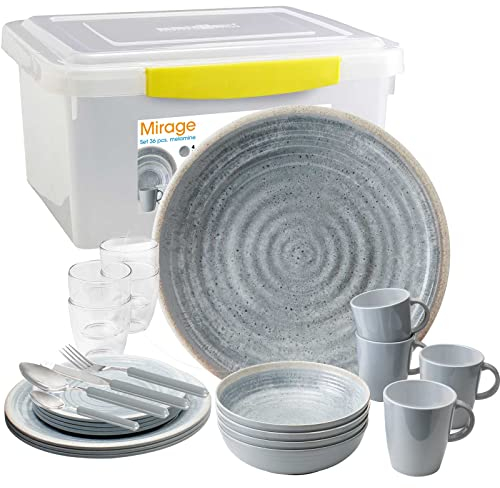 Camping Melamin-Geschirr Set 36-teilig Teller & Besteck - Unzerbrechlich für Wohnmobil, Wohnwagen, Bulli & Camper - Spülmaschinenfest & Kompakt - Retro, Boho | SUNDREAM Mirage