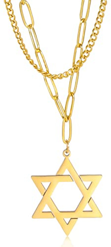 TEAMER Collana con ciondolo stella di David Ebraica Magen Amuleto Collane in acciaio inossidabile Gioielli vintage (Stile 1 - Catena doppia - Oro)