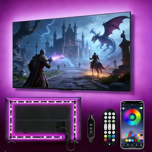 Daymeet LED-Leuchten für TV, 16,4 Fuß LED-TV-Hintergrundbeleuchtung für 55-85-Zoll-USB-H-TV-Monitor hinter Beleuchtungsfarbe RGB TV LED-Leuchtstreifen mit Remote Music Sync Bluetooth App Control