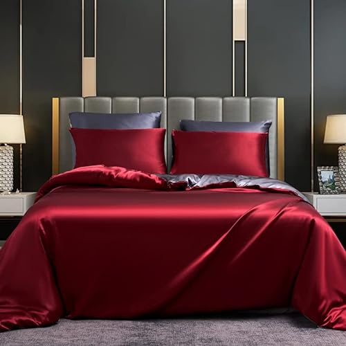 DXHOME Ropa de cama de satén de 135 x 200 cm, color rojo, burdeos y gris, reversible, liso y brillante, ropa de cama de verano de lujo de microfibra, funda nórdica refrescante con cremallera + 1 funda