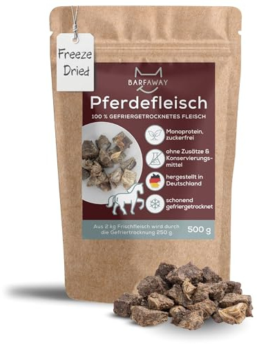 BARFAWAY gefriergetrocknetes Pferdefleisch, Premium Muskelfleisch, allergikerfreundlich, gesunde Hundeleckerlies, getreidefrei, zuckerfrei, 100% natürlich ohne Zusätze, Deutsche Herstellung, 500 g