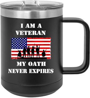 Rogue River Tactical USA Tattered American Flag Veteran Oath Heavy Duty Stainless Steel Black Coffee Mug Tumbler With Lid Novelty Cup Great Gift Idea