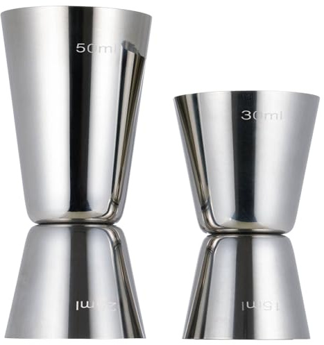 YoiYee Twin Pack Stainless Steel Cocktail Jiggers, Dual Measure 25/50ml & 15/30ml Bar Measuring Cups for Accurate Spirit and Drink Mixing