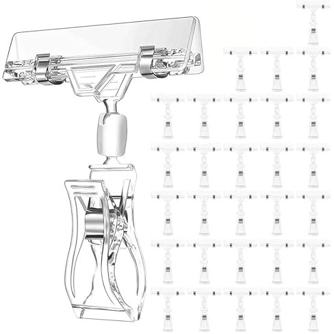 Ginobili 30 Stück Etikettenhalter, Schilderclips, Durchsichtige, Drehbare Schilderklammern Aus Kunststoff, Clip für Warenschilder, Preisschildklemme, Langlebig, Einfach zu Bedienen