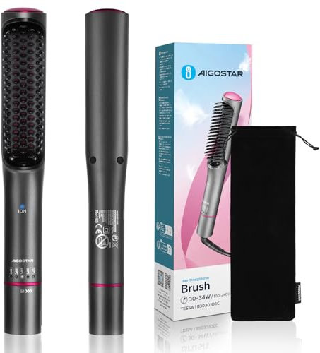 Aigostar Ionic Hair Straightener Brush with 5 Heat Settings, Infrared Light, Hot Flat Iron and Straightening Brush 2-in-1 for Styling, 130℃-210℃, Ceramic Heating, Anti Scald, Dual Voltage - Tessa