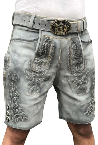 Oktoberfest Lederhose, Trachtenlederhose kurz aus Wildbock Leder, Bayrische Lederhose Herren mit Gurtel Gr 46-58 (DE/NL/SE/PL, Numerisch, 52, Regular, Kurz)