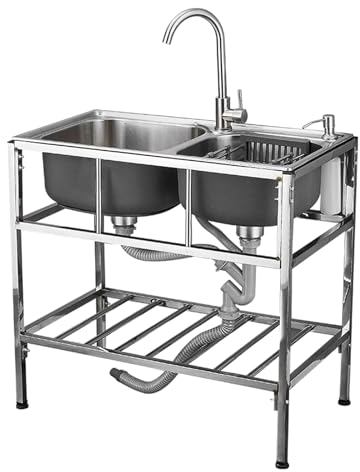 Edelstahl Spülbecken Freistehende Küchenspüle Waschbecken 2 Becken Outdoor Gewerbliche Doppelbecken Handwaschbecken Camping Spültisch, Einfach Zu Montieren (80x45x75cm)