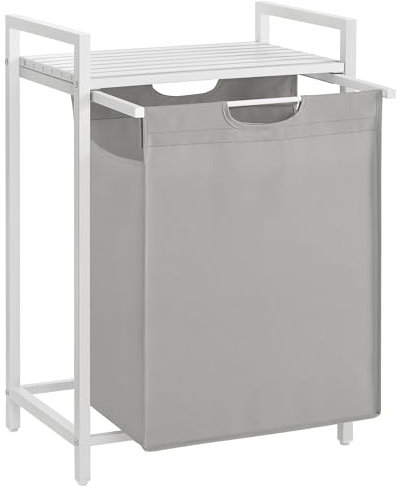 VASAGLE Wäschekorb, Wäschesammler mit Ablage, Wäschebox, Wäschesack aus Oxford-Gewebe abnehmbar, Metallrahmen, 65 L, 50 x 33 x 72 cm, taubengrau-mattweiß BLH101W03