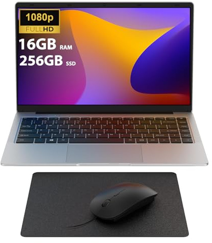 Ordenador Portatil 14 Pulgadas, 16GB RAM 256GB SSD TF Expansión, PC Portátil Celeron N4120 Up to 2.6Ghz, 5G/2.4GHz WiFi, 1920x1080 IPS FHD/BT/USB 3.0/DHMI, Win11 Mini Portatil con Ratón, Alfombrilla