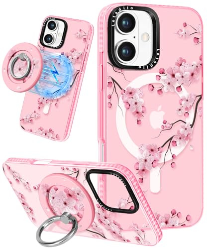 Lotadilo Case for iPhone 16 Case Compatible with Magsafe Ring Holder Stand - for Women Peach Blossom Design TPU Phone Cover for Girls Girly Funny Fashion