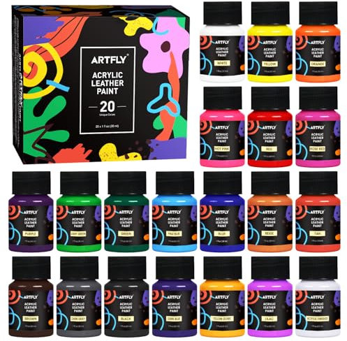 ARTFLY Acrylic Leather Paint Set, 20 Colors x 30ml Acrylic Leather Dye Kit Perfect for Shoes, Sneakers, Jackets, Leather Sofa, and Car Seat