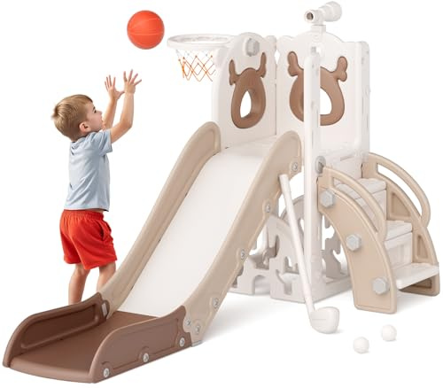 Mloong 7 in 1 Toddler Slide, Kids Slide for Toddlers Baby 1-3 Years Old, Indoor and Outdoor with Basketball Hoop Upgraded Golf for Kids Easy Assembly Elk Design(Beige & Rosy Brown)(28×62×39in)