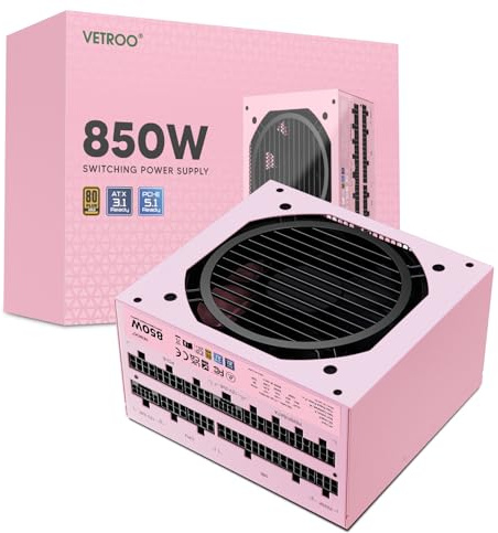 Vetroo 850W Power Supply Dual PCIe 5.1 ATX 3.1 Ready, 80 Plus Gold Full Modular, Quiet Operation with 120mm FDB Fan, 10-Year Warranty -Pink