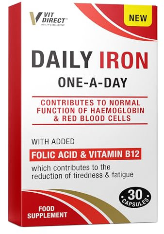 Vit Direct - Daily Iron Supplements - 30 Capsules - with Added Folic Acid & Vitamin B12 - Supports Haemoglobin & Red Blood Cell Function - Reduces Tiredness & Fatigue - Energy Supplements