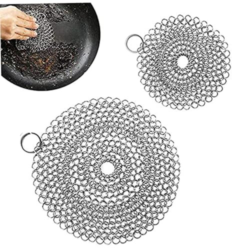 Gcroet 2 Packs Stainless Steel Scrubber 5 and 6 Chainmail Scrubber for Cast Iron Pans Round Reusable Cast Iron Cleaner for All Types of Griddle Skillet Dutch Oven Wok Cleaning.