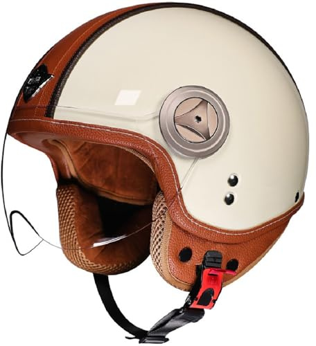 WZGGTEAM Jethelm mit Visier, Retro Leder Halbschalenhelm DOT/ECE 22.05 Zertifiziert Motorradhelm, Roller Helm Jet Helm Mopedhelm Herren und Damen, Open Face Helm Vintage