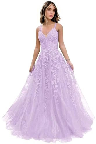 Vestido largo de tul con apliques de encaje para mujer, talla grande, cuello en V, acampanado, con tirantes delgados, formal, fiesta de noche, dama de honor, boda, invitada, Lila, 52 Grande