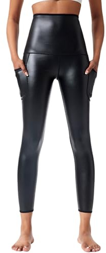 Ausing Pantalon en Cuir Synthétique pour Femme Legging Similicuir avec Poches Taille Haute Vêtements de Fitness Costume Carnaval Halloween Clubwear Noir 3XL