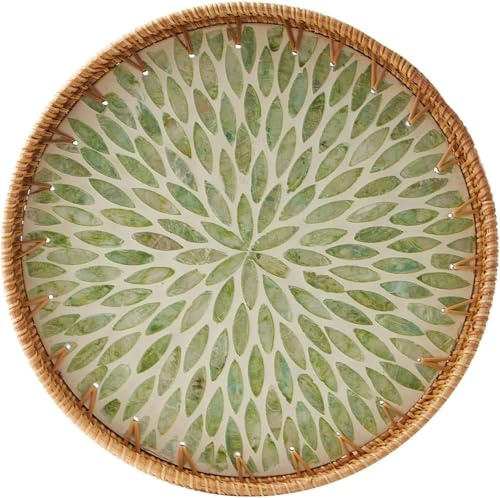Round Rattan Tray Decorative Tray | Natural Wicker Woven Storage Display | Coffee Bread Fruit Home Kitchen Table | Housewife/Coffee Shop/B&B Applicable (Leaf)