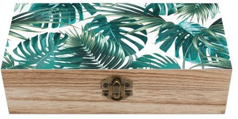 Qjjinxior Caja cuadrada de madera, caja de almacenamiento de madera de hoja de palma y Monstera, caja de madera decorativa para el hogar para coleccionables