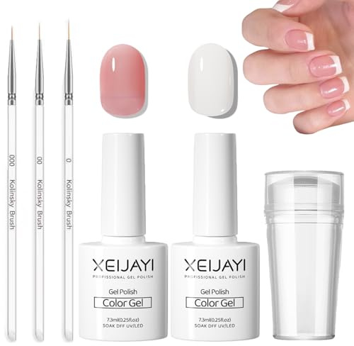 French Manicure Kit - 2PCS Gel Nail Polish Set - Jelly Nude Pink White Gel Nail Polish French Nail Tool Set - 3Pcs Thin Nail Art Pen and Nail Stamper UV Lamp Required Manicure Tip Nail Salon DIY Home
