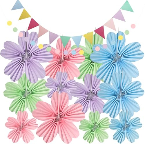 12 Stück Papierblumen Deko Hängend, 20/25/35 cm, mit dreieckige Flagge, runde Girlande,Wimpelkette,Schnur und Pin, für Hochzeit Geburtstag Tea Party Tischdeko Classroom Baby Shower Backdrop Garland