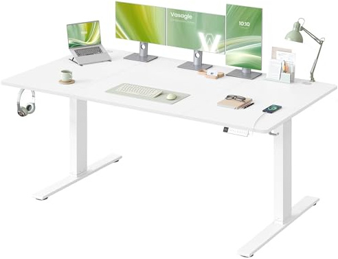 VASAGLE Scrivania Regolabile in Altezza, 180 x 80 cm, Porta USB-C, Mensola per Ciabatta Elettrica, Promemoria per Sedentarietà 3 Tasti di Memoria, per Ufficio, Bianco Opaco LSD148WZ02