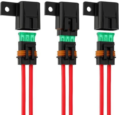 PintoHardware 3 x Portafusibles Impermeables IP67, ATC/ATO 12V Calibre Cableado 12AWG, 30A, Circuito Coches Automoción Moto Marina, Cubierta Protectora, Anillo de Silicona, Cables 15cm Cobre