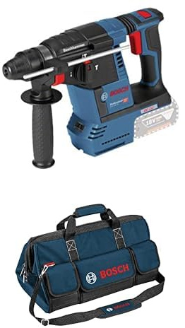Bosch Professional perforateur sans-fil GBH 18V-26 (2,6 J, Ø perçage max : béton/acier/bois 26/13/30mm, poignée auxiliaire, butée profondeur 210mm, chiffon) + Bosch Professional sac à outils taille L