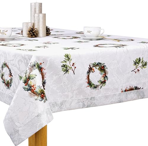 invitta Tischdecke Weihnachten 130x150 cm - Edle, schmutzabweisende Weihnachtstischdecke für die Festtafel, Jacquardgewebe mit Silberfaden, aufgedrucktes Muster mit Kränzen und Stechpalmen