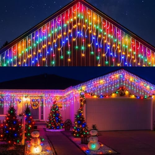 Generico Tenda luminosa luci natalizie con 256 LED da 6mt prolungabile con luci multicolor e flash bianco freddo intermittente per balcone facciate interno esterno IP44 cascata