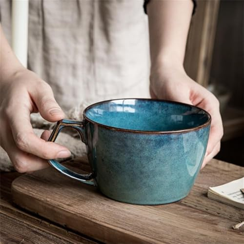 xitoio Taza de café grande de cerámica de 22 onzas, taza de té azul vintage con asa, cuenco de desayuno de sopa/cereales de 650 ml para postres de avena con leche, apta para microondas