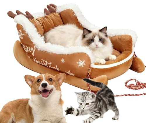 per cani di Natale – Design del divano antiscivolo con corda da tirare, letti per animali domestici in morbido peluche, zona di riposo calda e confortevole | Posto comodo