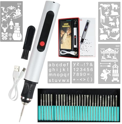 Gravierstift mit 30 Bits, Kabelloser Tragbarer Gravierer, USB Wiederaufladbarer Gravierwerkzeug, Graviermaschine Einstellbar bis 18.000 U/min für Schmuck, Holz, Glas, Steinschnitzerei