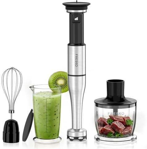 FRESKO Batidora de Mano, 1000W Minipimer en Acero Inoxidable con Protector para Ollas, 5 Accesorios, Velocidad Graduable, Batidora para Alimentos de Bebé, Sopas, Smoothies, Purés, Salsas
