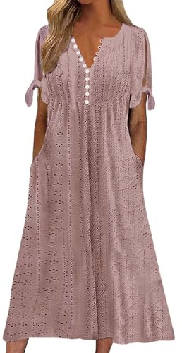 Yinguo Summer Dresses for Women UK 2026 Causal V-Neck Button Short Sleeve Vacation Floral Dress with Pockets Ladies Maxi Printing Dress Party Club Elegant Beach Dresses