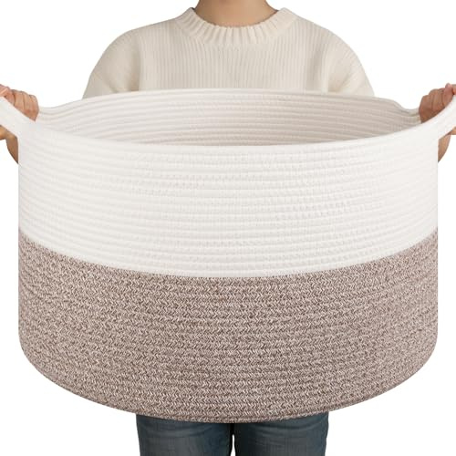 OIAHOMY Large Blanket Basket for Living Room, 19.7 x 12.6 Woven Cotton Rope Laundry Basket for Organizing Pillows, Decorative Stuffed Animal Toy Storage Bin for Nursery, White and Linen Brown