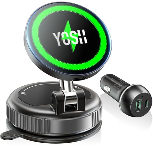 YOSH with 60W Car Charger for Magsafe Car Mount Charger for iPhone Samsung | 54KG Vacuum Suction Power, N56 Strong Magnets, Wireless Car Charger for iPhone 17-12 Series, Samsung, Pixel