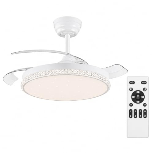 MAKA Ventilatore da Soffitto con Luce LED Integrata 80W 7280 lm, Pale Retrattili Trasparenti, Telecomando Incluso, 6 Velocità, Timer 2H/4H, Luce 3000K 4000K 6500K (Luce 80 w - Motore 30 w)